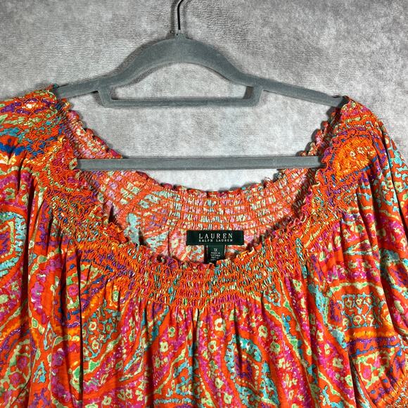 Lauren Ralph Lauren Blouse Womens‎ 1X Orange Paisley Short Sleeve Smocked Boho - Picture 2 of 9